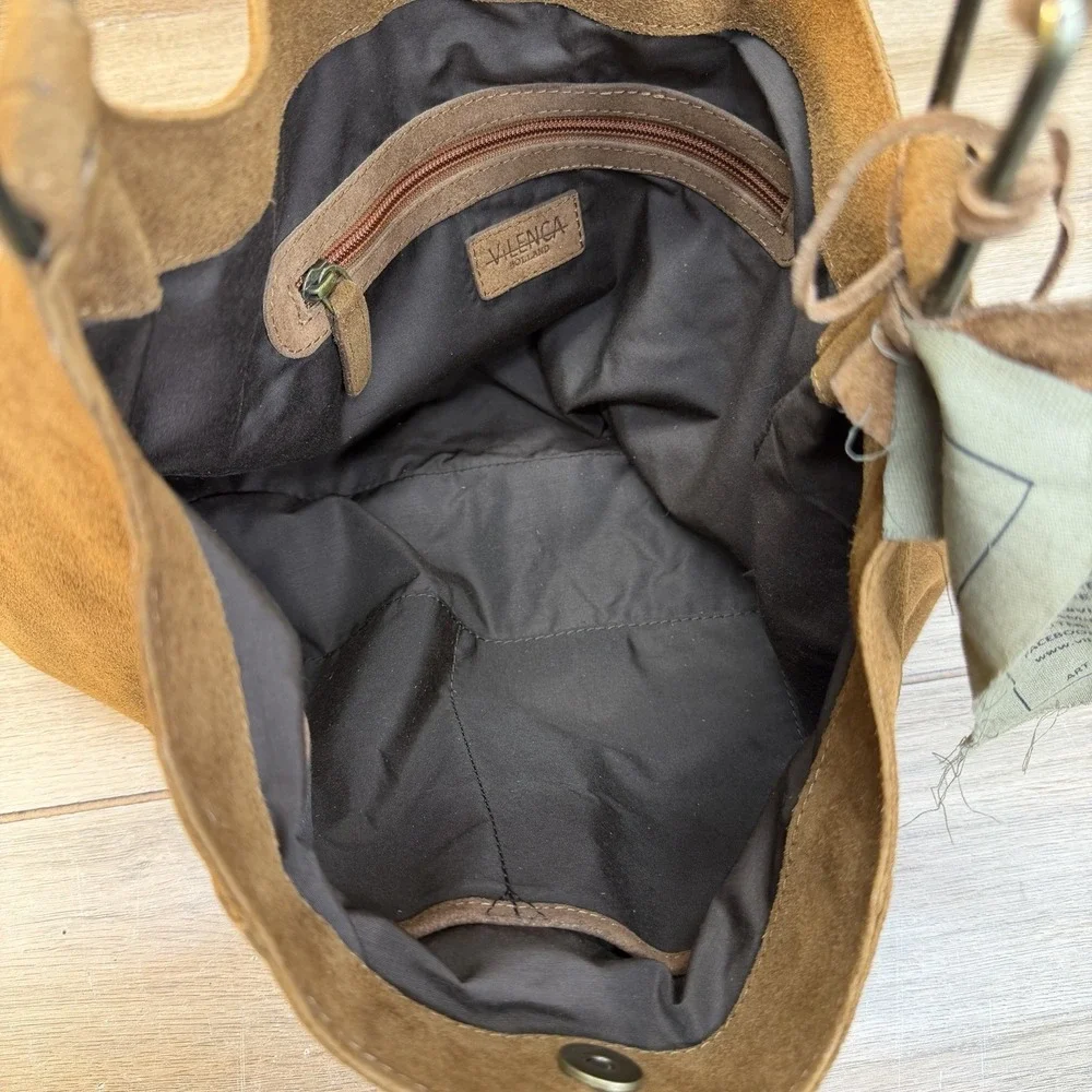 Vilenca Holland Suede Slouchy Hobo Shoulder Bag Earthy Brown Whipstitch Boho